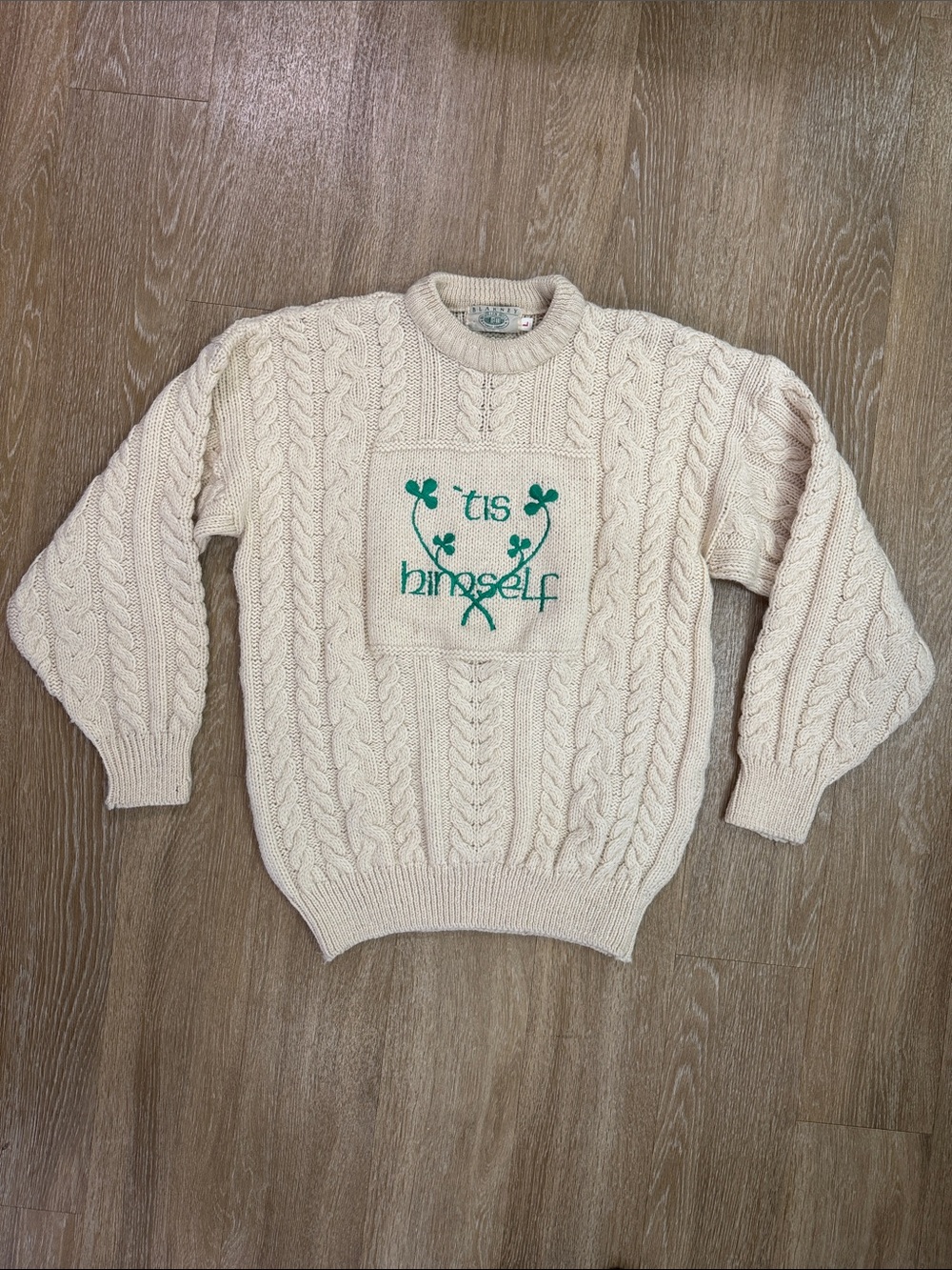Blarney Vintage Aran Irish Fisherman Cable Knit Wool Clover Embroidered Sweater - Picture 2 of 7